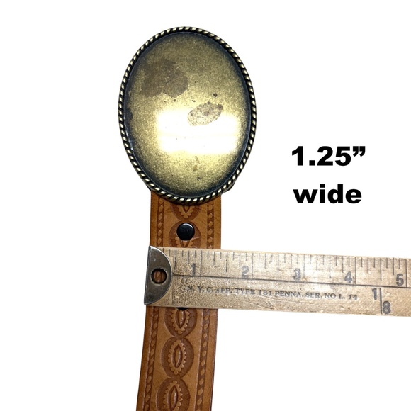 belt vintage Western tan tooled leather 3" oval buckle UP to 34" hippie boho - Picture 7 of 9